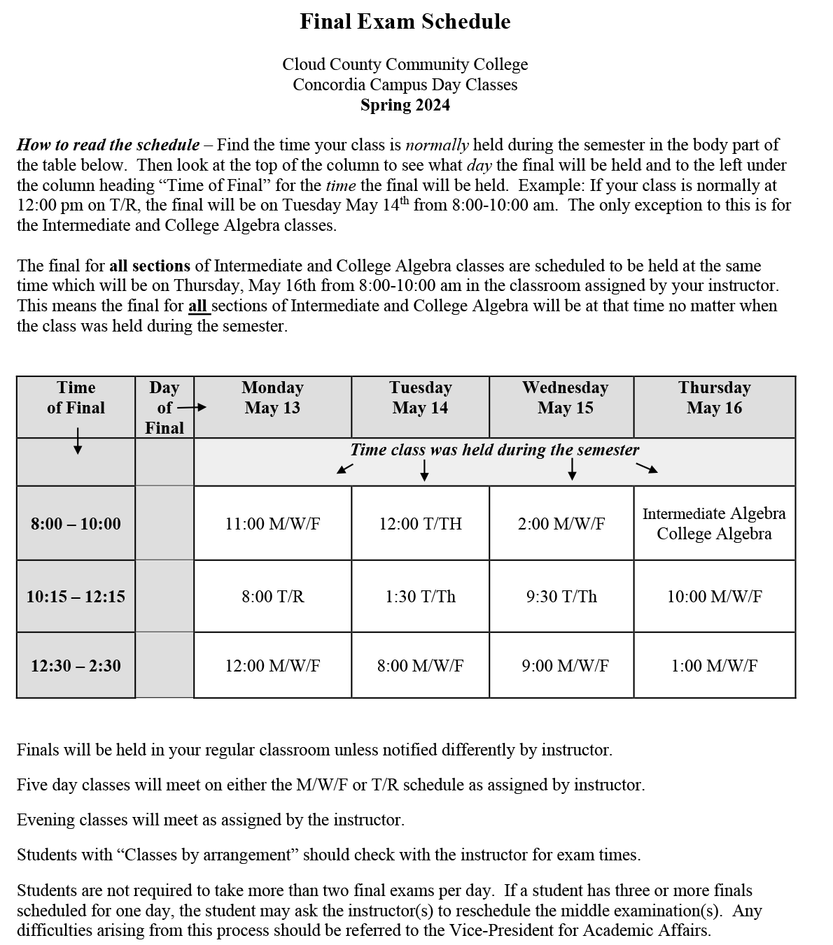 The Spring 2024 final exam schedule.